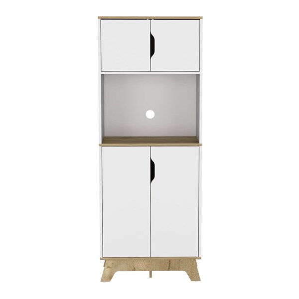 Tuhome Pamplona Microwave Tall Cabinet Counter Surface, Top And Lower Double 2 Cabinets, Light Oak/White - MDB7161