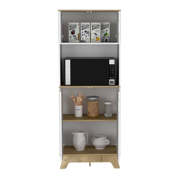 Tuhome Pamplona Microwave Tall Cabinet Counter Surface, Top And Lower Double 2 Cabinets, Light Oak/White - MDB7161
