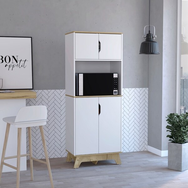 Tuhome Pamplona Microwave Tall Cabinet Counter Surface, Top And Lower Double 2 Cabinets, Light Oak/White - MDB7161