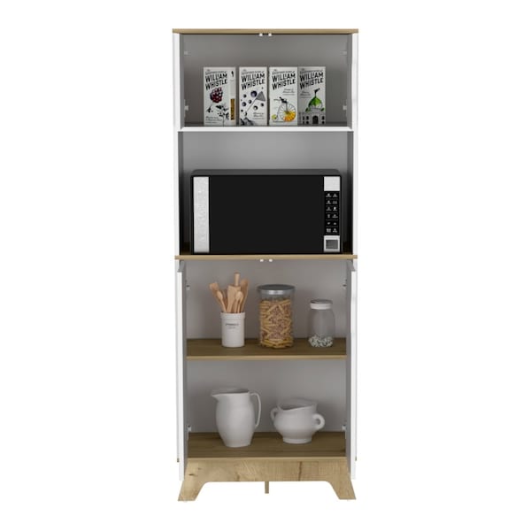 Tuhome Pamplona Microwave Tall Cabinet Counter Surface, Top And Lower Double 2 Cabinets, Light Oak/White - MDB7161
