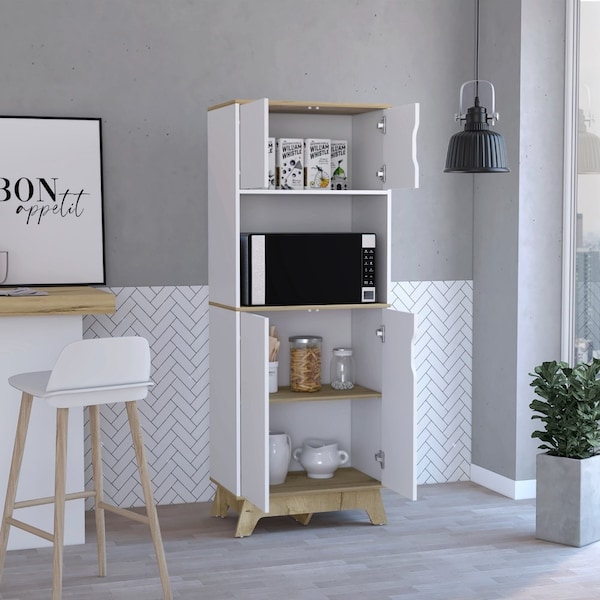 Tuhome Pamplona Microwave Tall Cabinet Counter Surface, Top And Lower Double 2 Cabinets, Light Oak/White - MDB7161