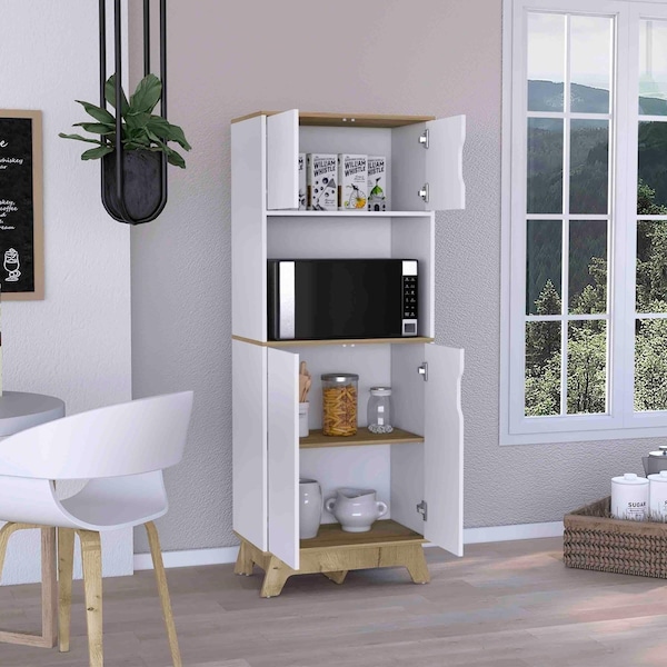 Tuhome Pamplona Microwave Tall Cabinet Counter Surface, Top And Lower Double 2 Cabinets, Light Oak/White - MDB7161