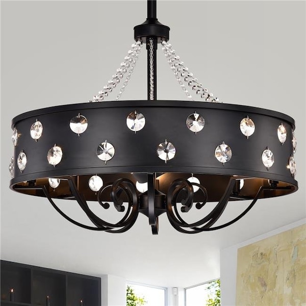 Warehouse Of Tiffany Warehouse of Tiffany CFL-8471MB 31 in. Avan 3-Blade Fandelier with Metal & Crystal Drum Shade; Matte Black - CFL-8471MB