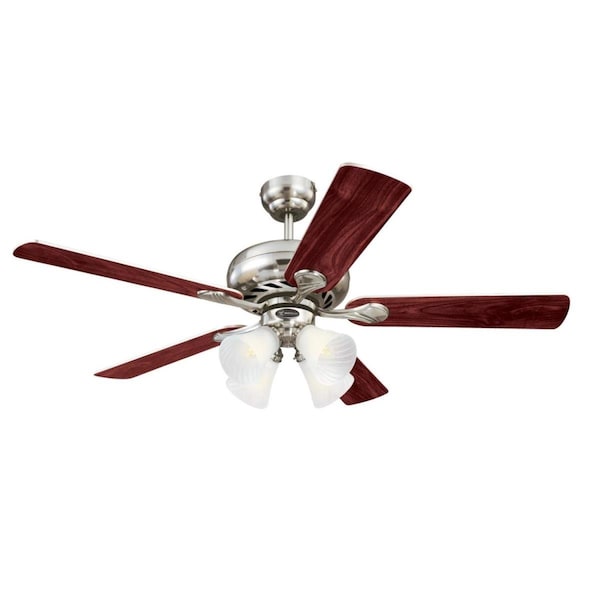 Brightbomb 52 in. Ceiling Fan, Dimmable LED Light Fixture Brushed Nickel Finish Rosewood  Frosted Swirl Glass - BR3285350