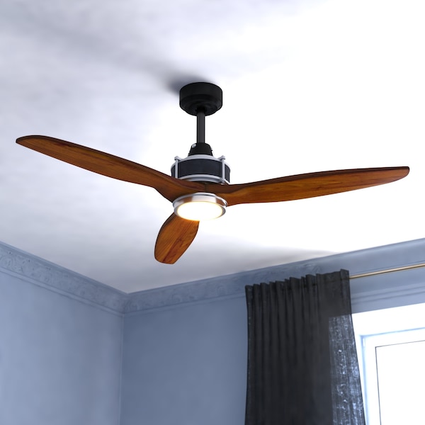 Vaxcel Curtiss 52 In. Black and Silver Industrial Indoor-Outdoor Wood Ceiling Fan with LED Light Kit and Remote - F0057