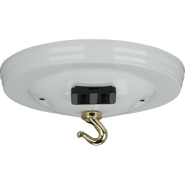 Satco Canopy Kit w/Convenience Outlet White 5in Dia 7/16in Center Hole 2-8/32 Bar Holes Includes Hardware - 90/1072