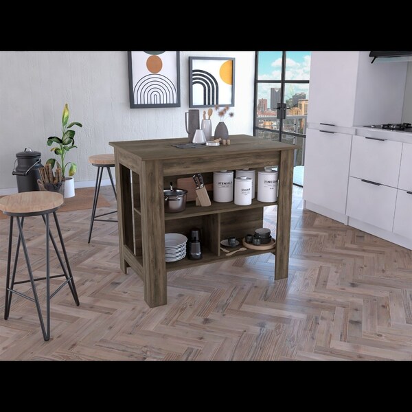 Tuhome Cala Kitchen Island, Four Legs, Three Shelves, Dark Brown - ALB6537
