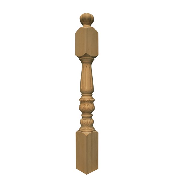 Osborne Wood Products 52 x 5 3/8 Carved Leaf Newel Post in Rubberwood (paintgrade - 891897RW