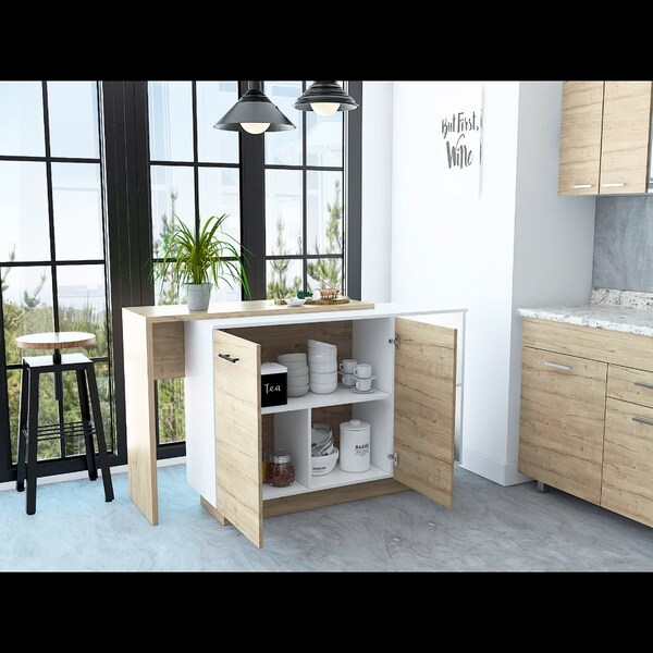 Tuhome Sicilia Kitchen Island, Two External Shelves, Double Door Cabinets, Three Shelves, White/Light Oak - BBD5581