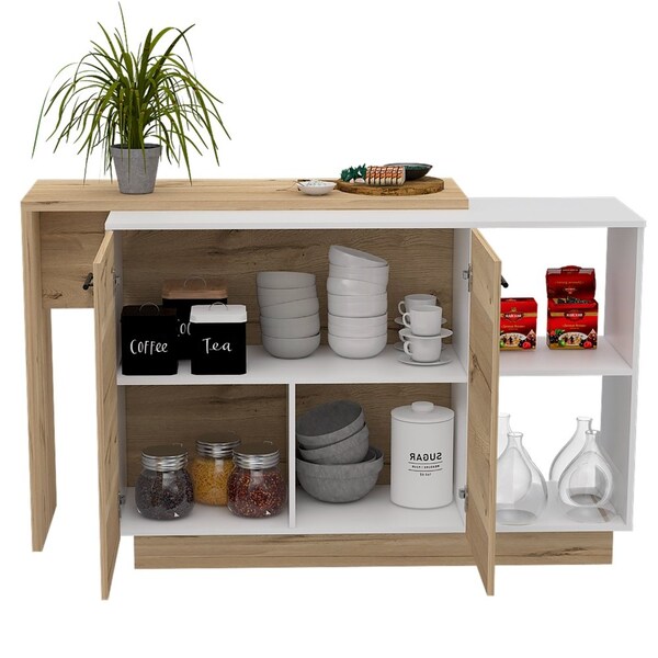 Tuhome Sicilia Kitchen Island, Two External Shelves, Double Door Cabinets, Three Shelves, White/Light Oak - BBD5581
