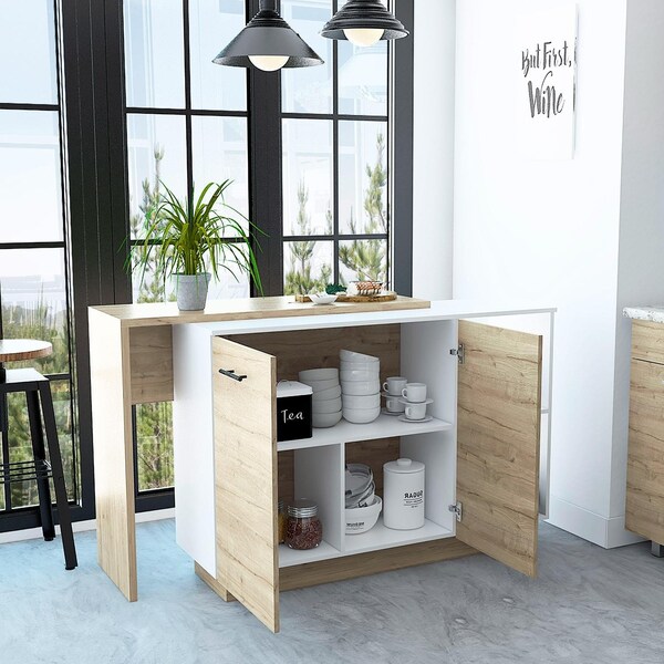 Tuhome Sicilia Kitchen Island, Two External Shelves, Double Door Cabinets, Three Shelves, White/Light Oak - BBD5581