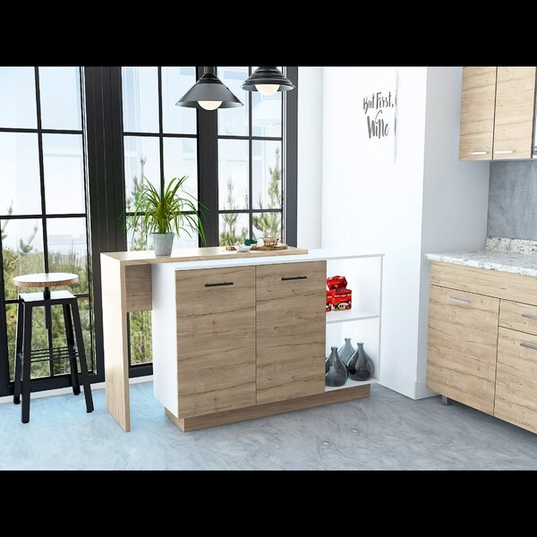 Tuhome Sicilia Kitchen Island, Two External Shelves, Double Door Cabinets, Three Shelves, White/Light Oak - BBD5581