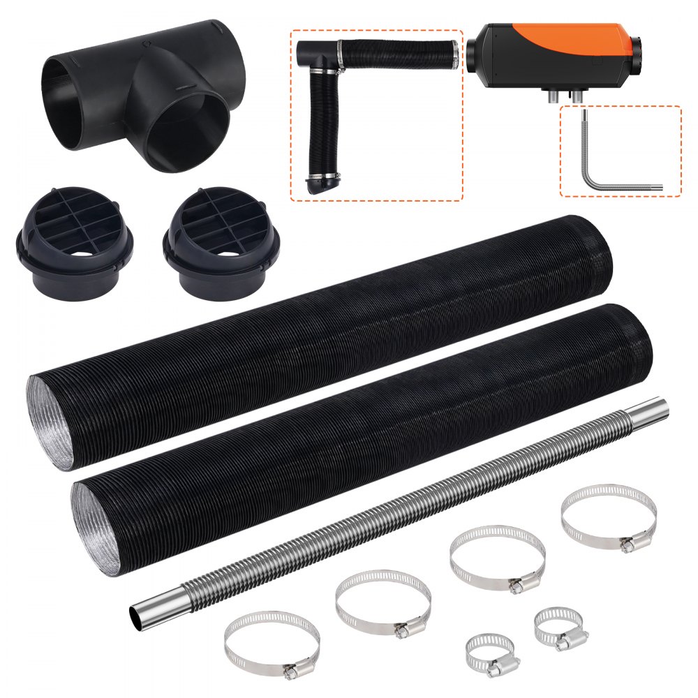 VEVOR Diesel Heater Pipe Ducting Set, 3" Extendable Air Duct Hose, 1" Stainless Steel Exhaust Pipe, 2 Air Vents, Tee Air Outlet Connector and Hose Clamps, for 2KW/5KW/8KW Diesel Parking Heaters - CYJRQPJ5KW8K2FCIDV0