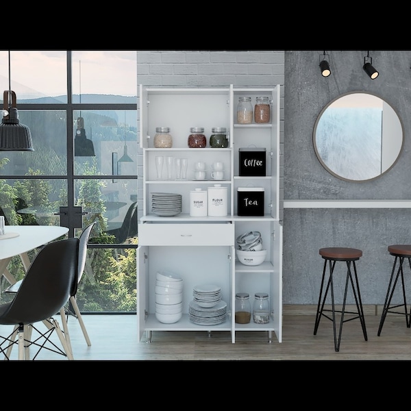 Tuhome Della 90 Kitchen Pantry, One Drawer, Multiple Cabinets, Two Open Shelvess, White - ALB5614