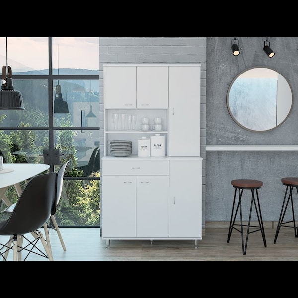 Tuhome Della 90 Kitchen Pantry, One Drawer, Multiple Cabinets, Two Open Shelvess, White - ALB5614