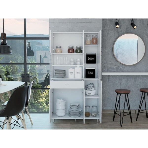 Tuhome Della 90 Kitchen Pantry, One Drawer, Multiple Cabinets, Two Open Shelvess, White - ALB5614