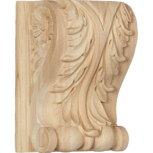 Ekena Millwork 5"W x 3"D x 6 1/2"H Large Acanthus Block w/ Backplate Wood Corbel, Rubberwood - CORW05X03X07ABRW