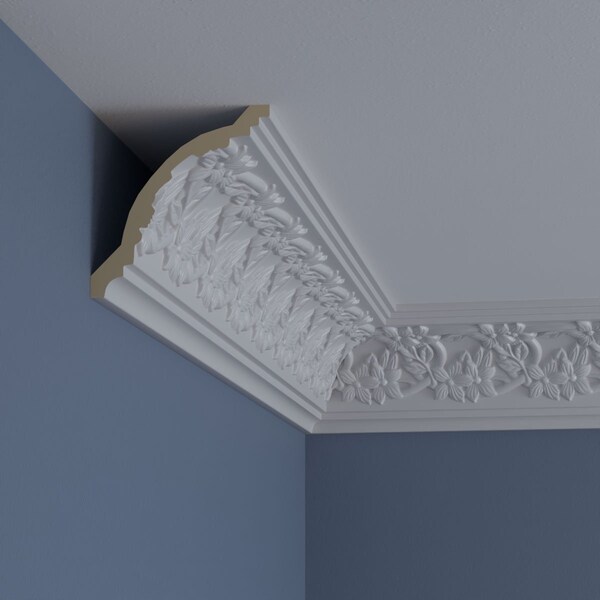 Ekena Millwork 4 3/4"H x 4 1/2"P x 6 5/8"F x 94 1/2"L, (3 7/8" Repeat), Floral Crown Moulding - MLD04X04X06FL