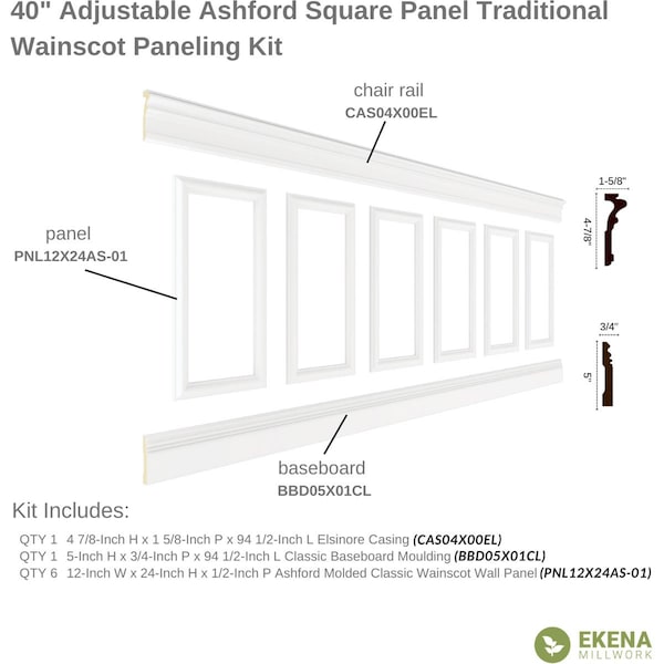 Ekena Millwork 94 1/2"L (Adjustable 40"H to 44"H) Ashford Square Panel Traditional Wainscot Paneling Kit - WPKUSQ091P040