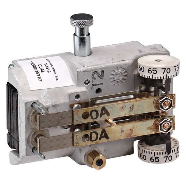 Johnson Controls Pneumatic Thermostat, Dual Temperature, Heating and Cooling, 2 Pipe, Horizontal, 5/32 in Barb - T-4756-205