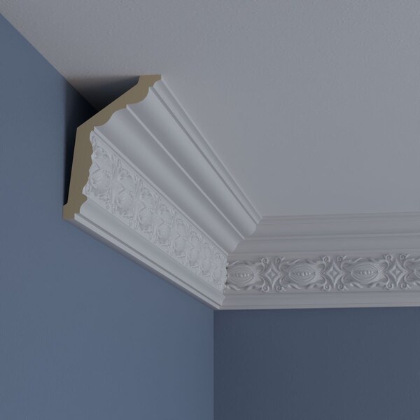 Ekena Millwork 5 1/8"H x 3 1/2"P x 6 1/8"F x 94 1/2"L, (3 3/4" Repeat), Iris Crown Moulding - MLD05X03X06IS