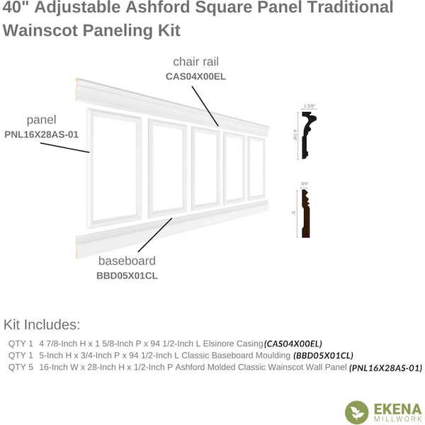 Ekena Millwork Wainscot Paneling Kit, Urethane, 94-1/2 in L, Factory Primed - WPKUSQ021P040