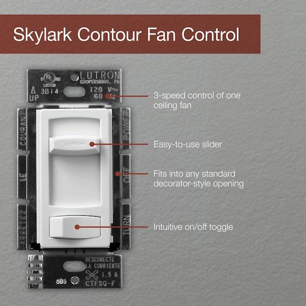 Lutron Fan Control, Slide, Rocker, 1.5Amp, Almond - CTFSQ-F-AL
