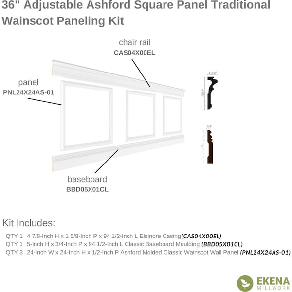 Ekena Millwork Wainscot Paneling Kit, Urethane, 94-1/2 in L, Factory Primed - WPKUSQ011P036