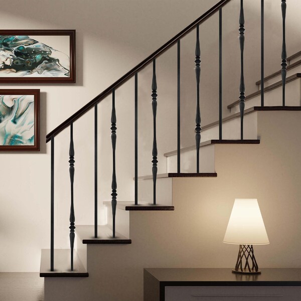 Nuvo Iron in Square x 44in Long Black Steel Interior Balusters - Single Collar and Spoon, 12PK - SQI1CS-12MP