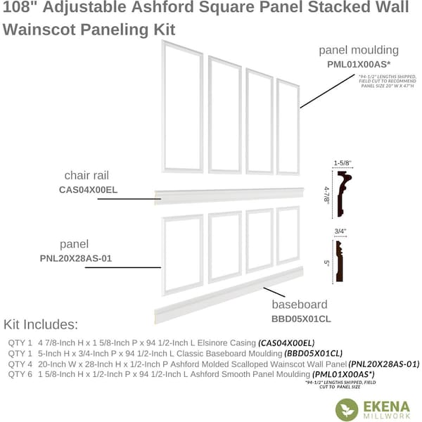 Ekena Millwork Wainscot Paneling Kit, Urethane, 94-1/2 in L, Factory Primed - WPKUST052P108