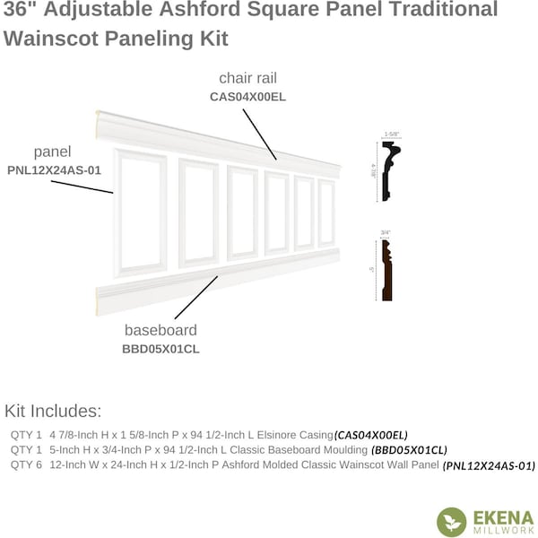 Ekena Millwork Wainscot Paneling Kit, Urethane, 94-1/2 in L, Factory Primed - WPKUSQ041P036