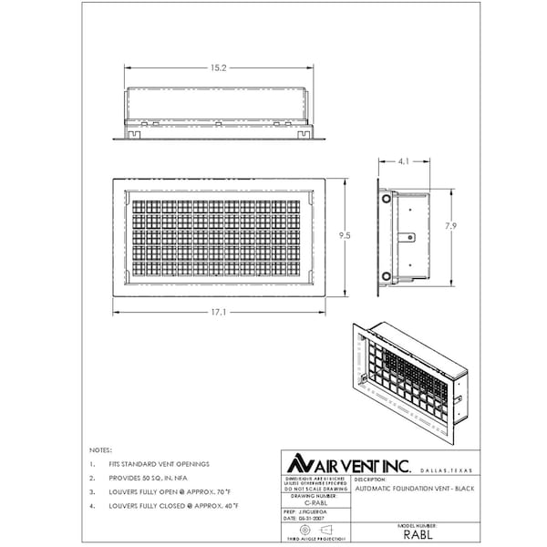Air Vent Air Vent 9.5 in. H X 17.1 in. W Black Plastic Automatic Foundation Vent - RABL
