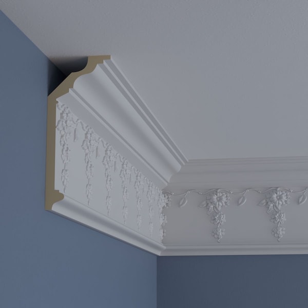 Ekena Millwork 7 1/2"H x 3 1/8"P x 8 1/8"F x 94 1/2"L Flower Drop Crown Moulding - MLD07X03X08FL