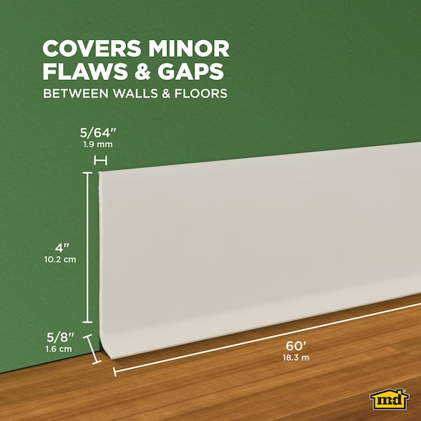 Zoro Select Wall Base Molding, PVC Vinyl, Almond, 720 in L, 4 in H - 2RRW8