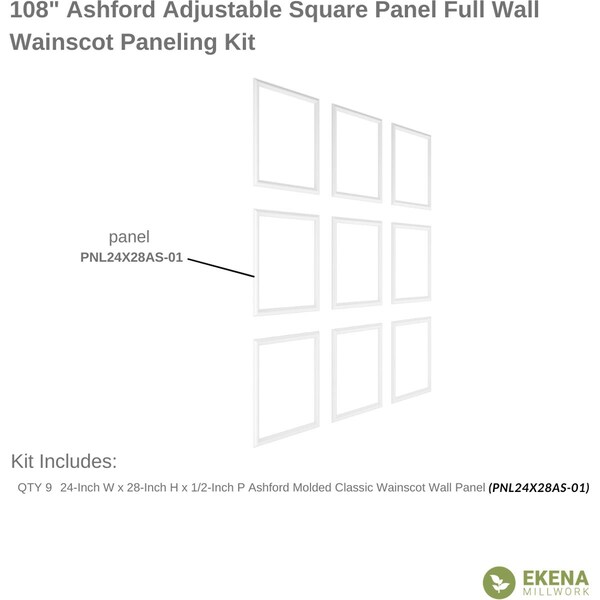 Ekena Millwork 94 1/2"L Ashford Square Single Panel Design Full Wall Wainscot Paneling Kit - WPKUFW021P108