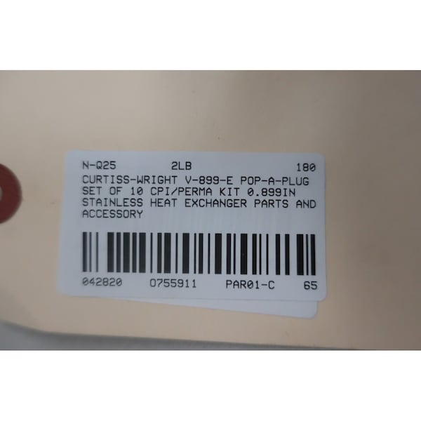 Curtiss-Wright POP-A-PLUG SET OF 10 CPI/PERMA KIT 0.899IN STAINLESS HEAT EXCHANGER - V-899-E