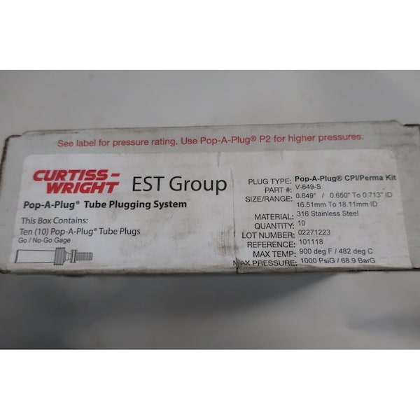 Curtiss-Wright Pop-A-Plug Kit 0.649/0.65In Heat Exchanger Parts And Accessory - V-649-S