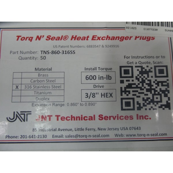 Jnt TORQ N' SEAL BOX OF 50 STAINLESS HEAT EXCHANGER PLUG 3/8IN HEX OTHER HEAT EXCHANGER, 50PK - TNS-860-316SS