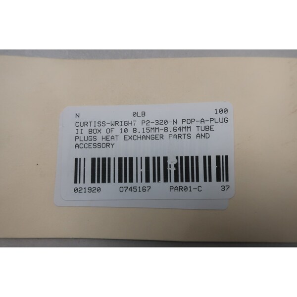 Curtiss-Wright P2-320-N POP-A-PLUG II BOX OF 10 0.320IN HEAT EXCHANGER TUBE PLUGS - P2-320-N