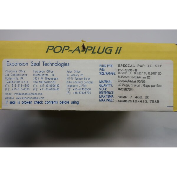 Curtiss-Wright P2-320-N POP-A-PLUG II BOX OF 10 0.320IN HEAT EXCHANGER TUBE PLUGS - P2-320-N