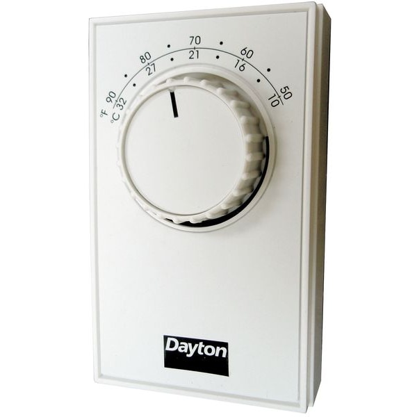 Dayton Line Volt Mechanical Tstat, Cool, 50-90 Degrees F, 120 to 277VAC, Exposed Dial, Plastic - 6GVX8C