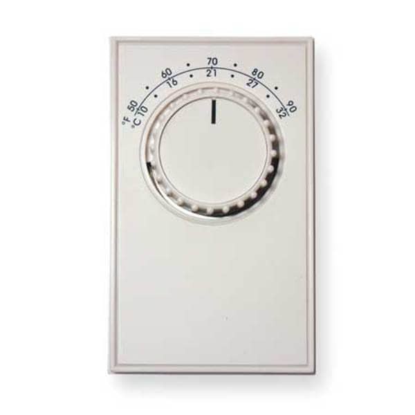 Dayton Line Voltage Mechanical Thermostat For Wall, 50 to 90 Degree Analog Dial, Heat Only, White - 4PU49C