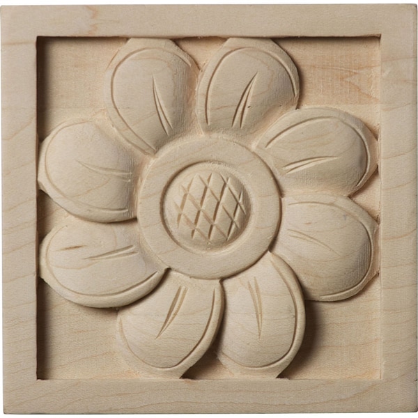 Ekena Millwork 3"W x 3"H x 5/8"P Small Sunflower Square Rosette, Rubberwood - ROS03X03X00SFRW