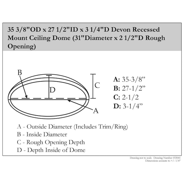 Ekena Millwork 35 3/8"OD x 3 1/4"D Devon Recessed Mount Ceiling Dome 31"Diameter x 2 1/2"D Rough Opening - DOME35DE