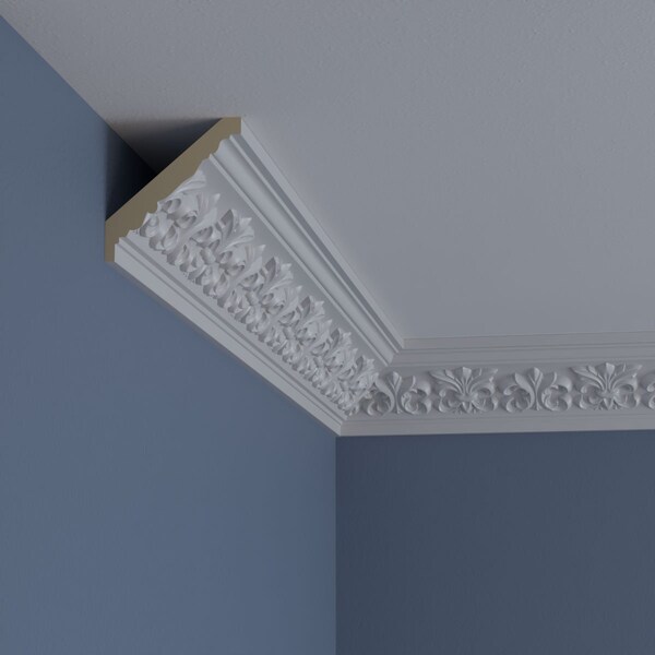 Ekena Millwork 3 1/4"H x 3 1/4"P x 4 3/4"F x 94 1/2"L, (5 7/8" Repeat) Fleur De Lis Crown Moulding - MLD03X03X05FL