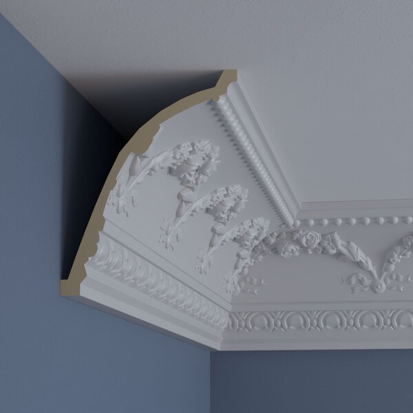 Ekena Millwork 6 3/8"H x 8"P x 10 3/8"F x 94 1/2"L, (9 5/8" Repeat), Floral Swag Crown Moulding - MLD06X08X10FL