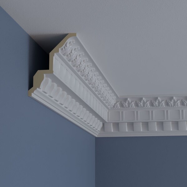 Ekena Millwork 5"H x 3 7/8"P x 6 3/8"F x 94 1/2"L, (2" Repeat), Dentil and Leaf Crown Moulding - MLD05X03X06DE
