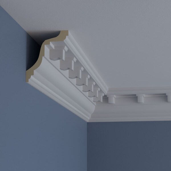 Ekena Millwork 4 1/2"H x 3 3/4"P x 5 7/8"F x 94 1/2"L Nouveau Dentil Crown Moulding - MLD04X03X06NO