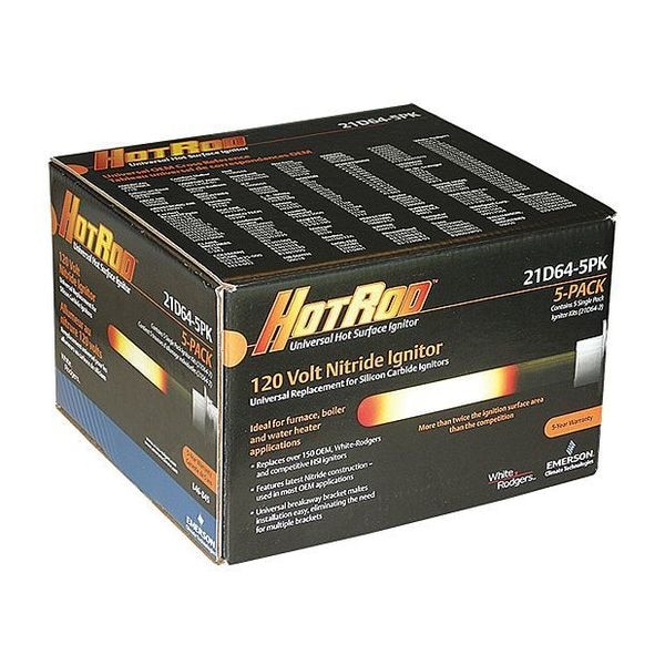 White-Rodgers Hot Surface Igniter, LP/NG, 120, 15 1/2 in L., Nitride Ignitor, (2) Ceramic Wire Nuts - 21D64-5PK