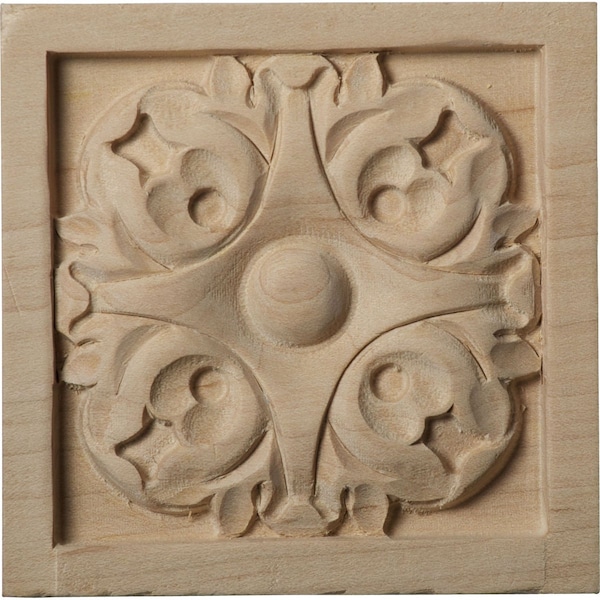 Ekena Millwork 3 1/2"W x 3 1/2"H x 3/4"P Medium Leaf Square Rosette, Alder - ROS03X03LFAL